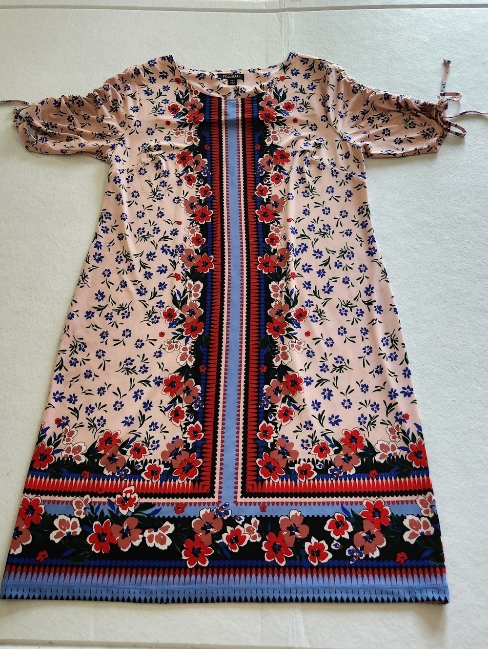 Roz & Ali Pink Floral Midi Dress with Red and Blue Border Size Petite Large